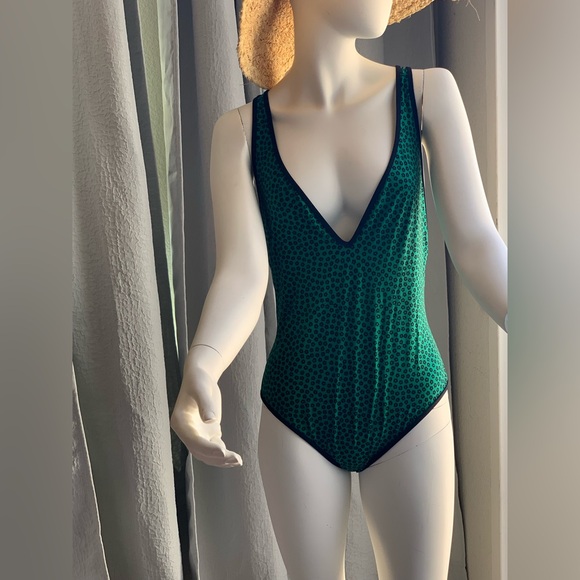 Diane Von Furstenberg Other - Diane Von Furstenberg Green & Navy V‑Neck One‑Piece Swimsuit